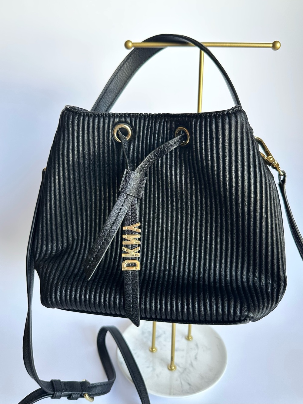 DKNY Black Textured Drawstring Small Crossbody Bucket Bag NWT
